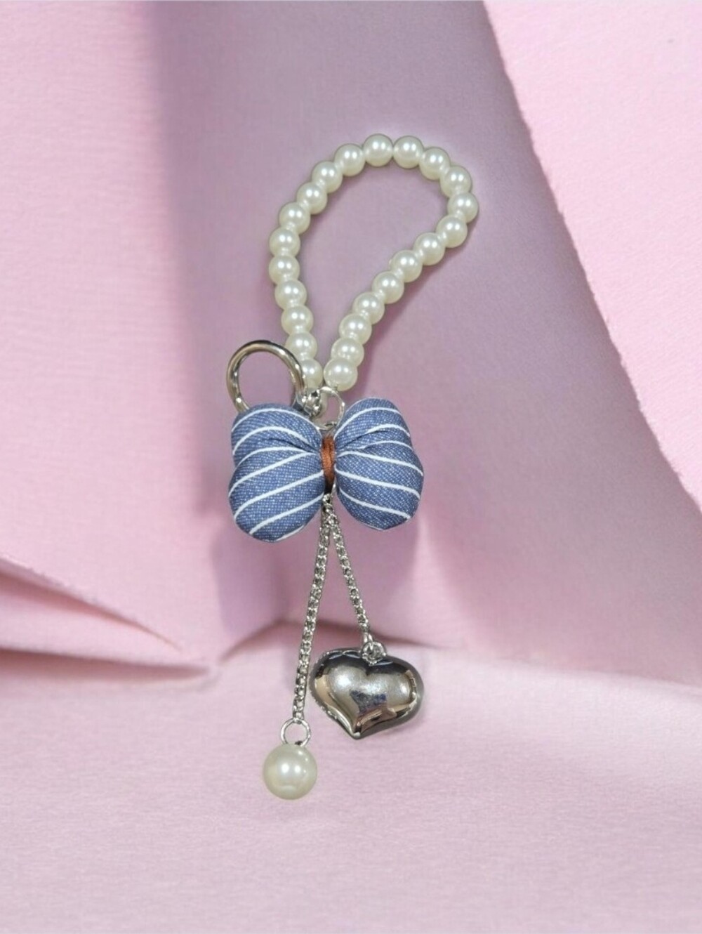 Pearl Loop Keychain with Blue Striped Bow and Silver Heart Charm